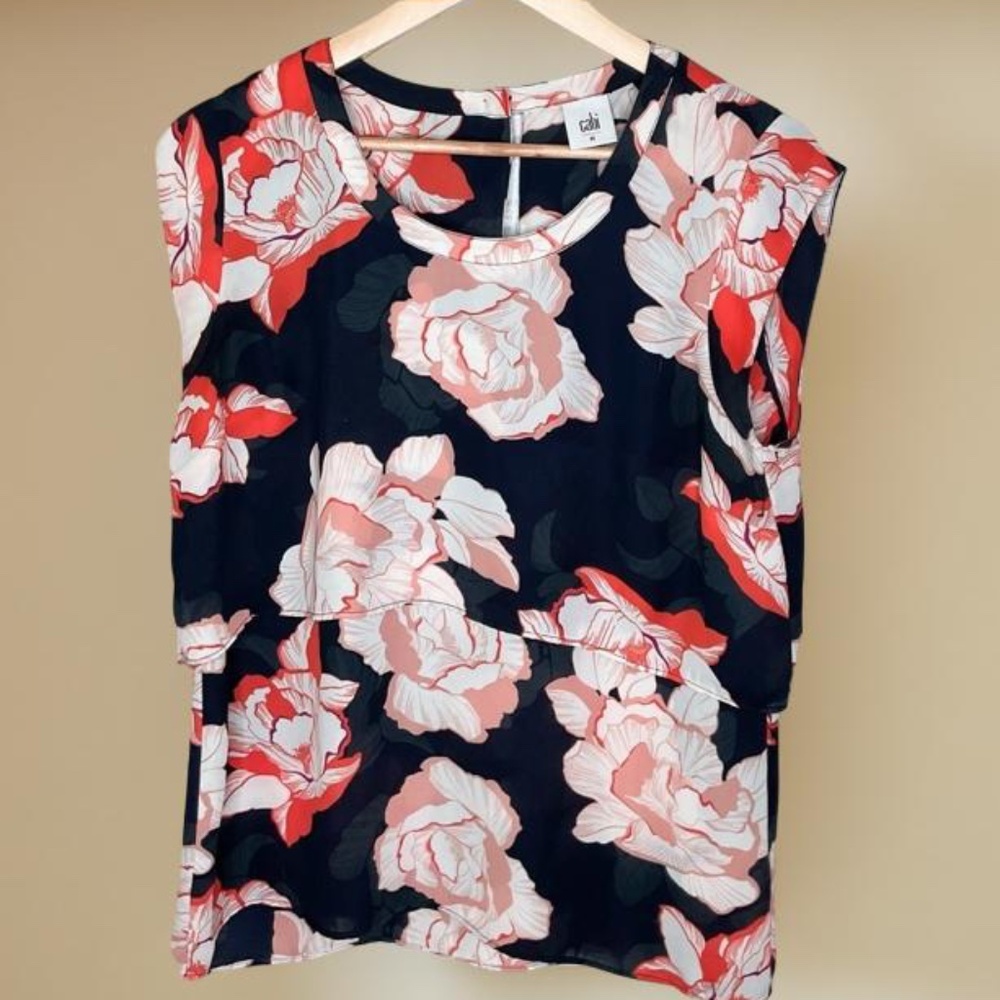 Cabi 5030 Tangerine Floral Blossom Tiered Blouse Medium EUC